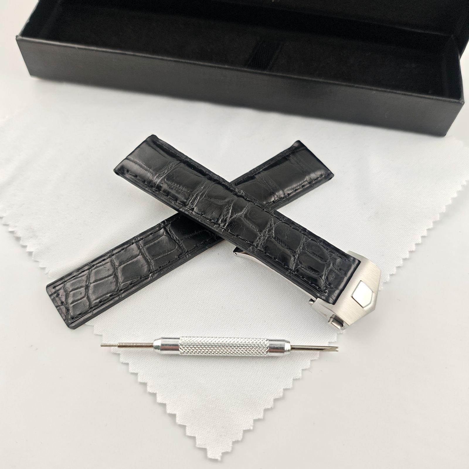 20mm アリゲーター レザー ワニ革ベルト ブラック 黒 Dバックル付属