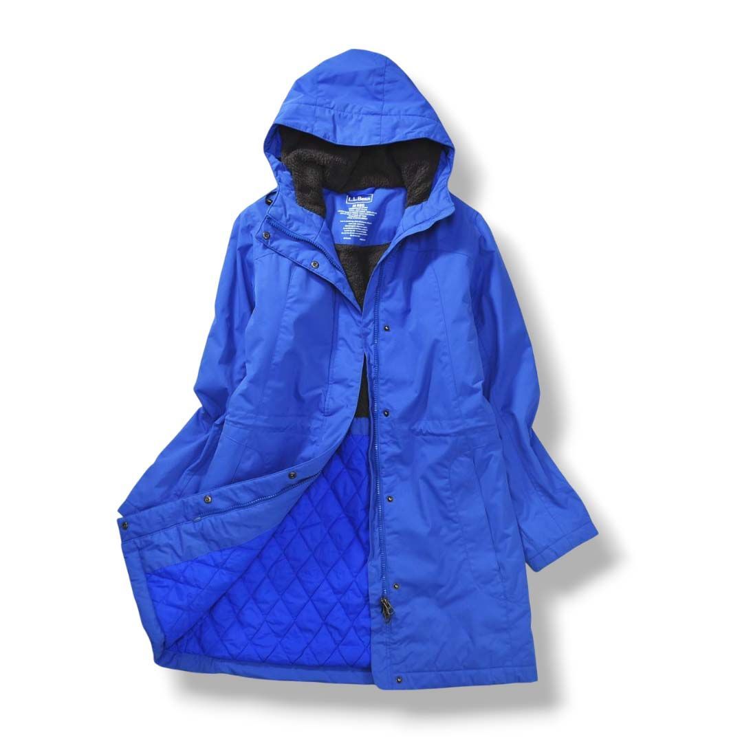 機能的 エルエルビーン L.L.Bean ウィンター ウォーマー コート パーカー ウィンドブレーカー 膝上丈 裏地 フリース 中綿 キルティング M R ブルー アウトドア ウェア タウンユース レジャー レディース