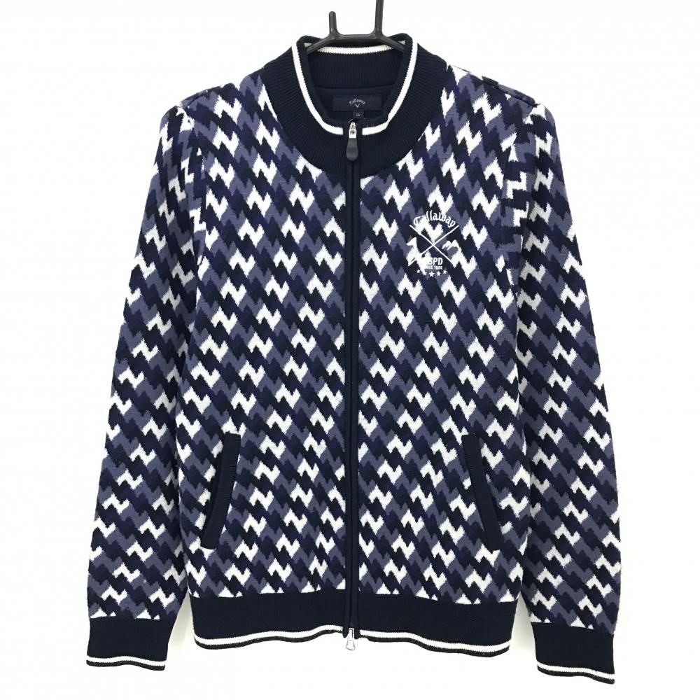 【新品未使用】キャロウェイ　ニットブルゾン　防風　保温　ゴルフウェア　ネイビー キャロウェイ ニットジャケット ネイビー×白 総柄 ウール混 レディース