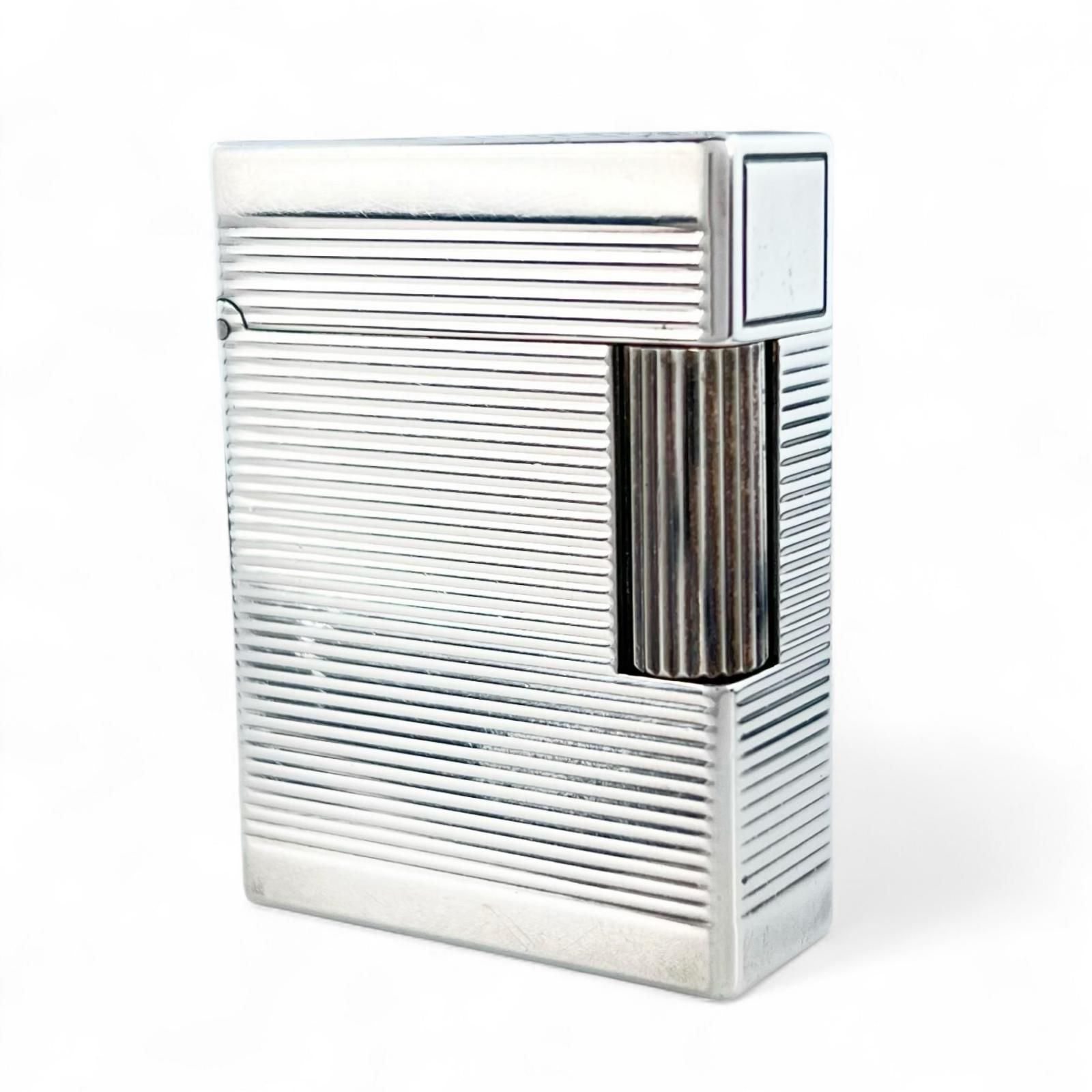 Dupont デュポン ライン1 ショート ボーダー柄 ローラー式 喫煙具 ガスライター シルバー ケース付き フランス製 メンズ 着火 済み