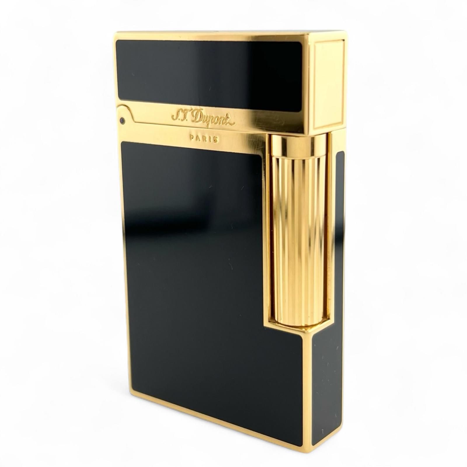 Dupont デュポン ライン2 ヴァーティカルライン ラッカー ローラー式 ガスライター ブラック ゴールド ケース付き フランス製 メンズ 着火 済み