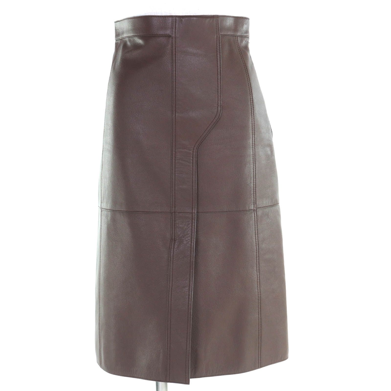 ドンドン見直し HERMES エルメス フロントスリット サイドジップ ミモレ丈 ゴートスキン スカート ブラウン 34 レディース
