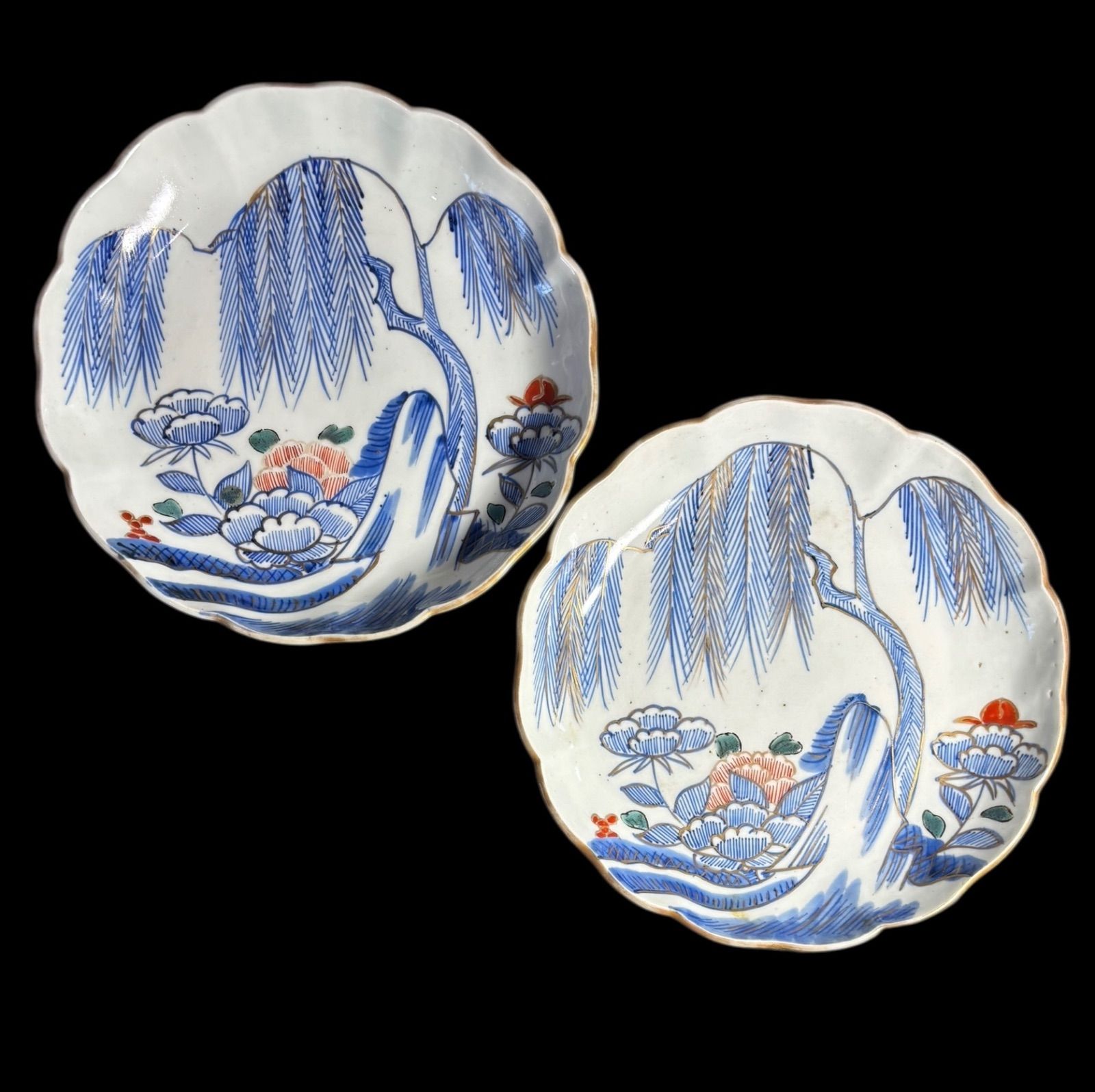 2客セット】 古伊万里 染付 柳 牡丹 色絵 丸皿 取り皿 飾り皿 和食器