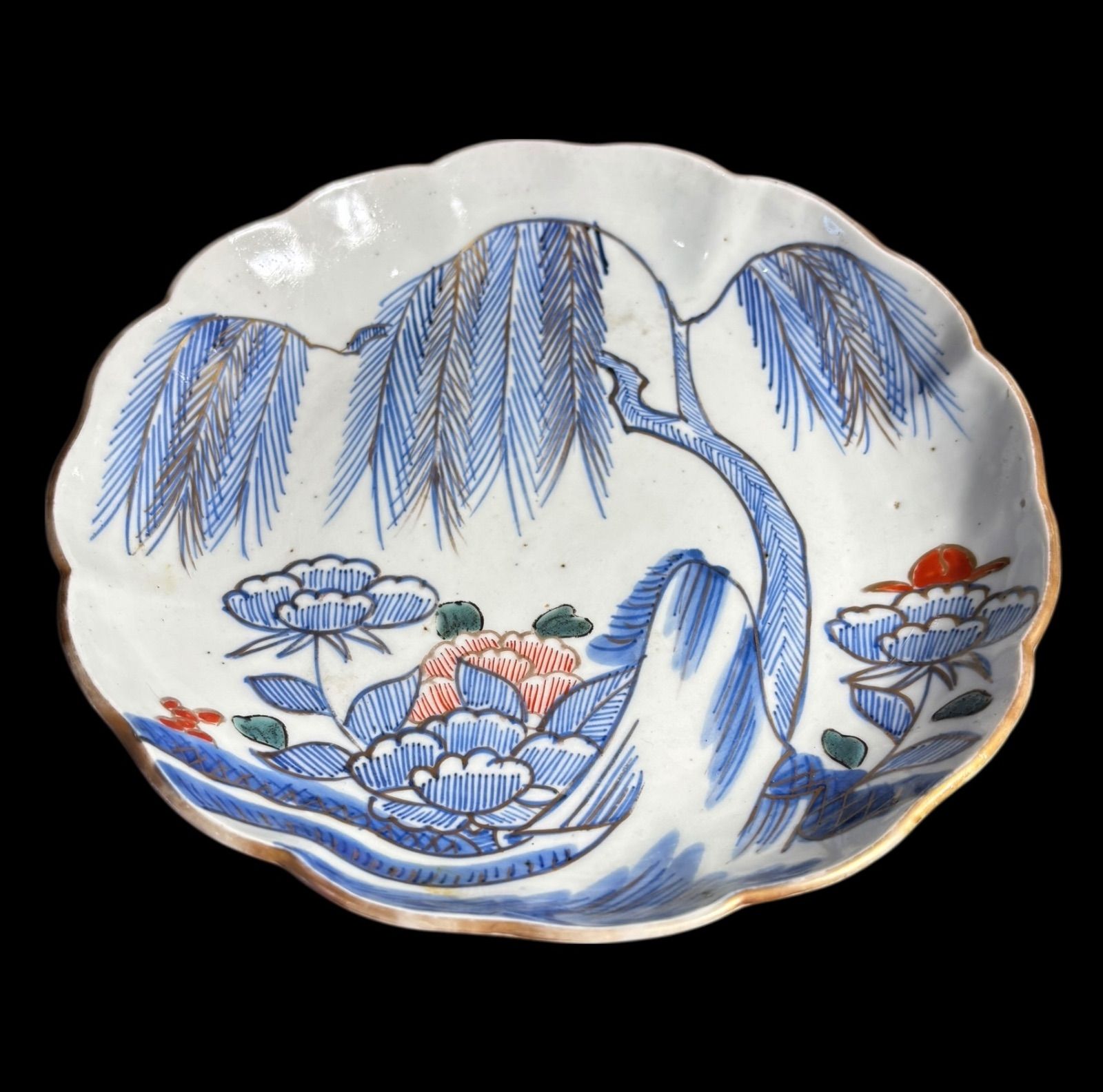 2客セット】 古伊万里 染付 柳 牡丹 色絵 丸皿 取り皿 飾り皿 和食器