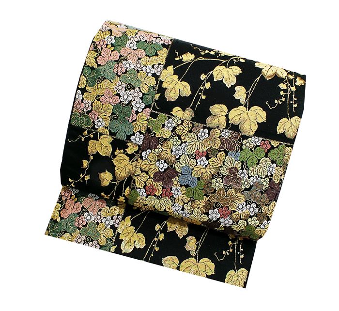 特選西陣袋帯 小粋な黒地に金のツタ柄 訪問着等に最適 仕立て済 六通柄