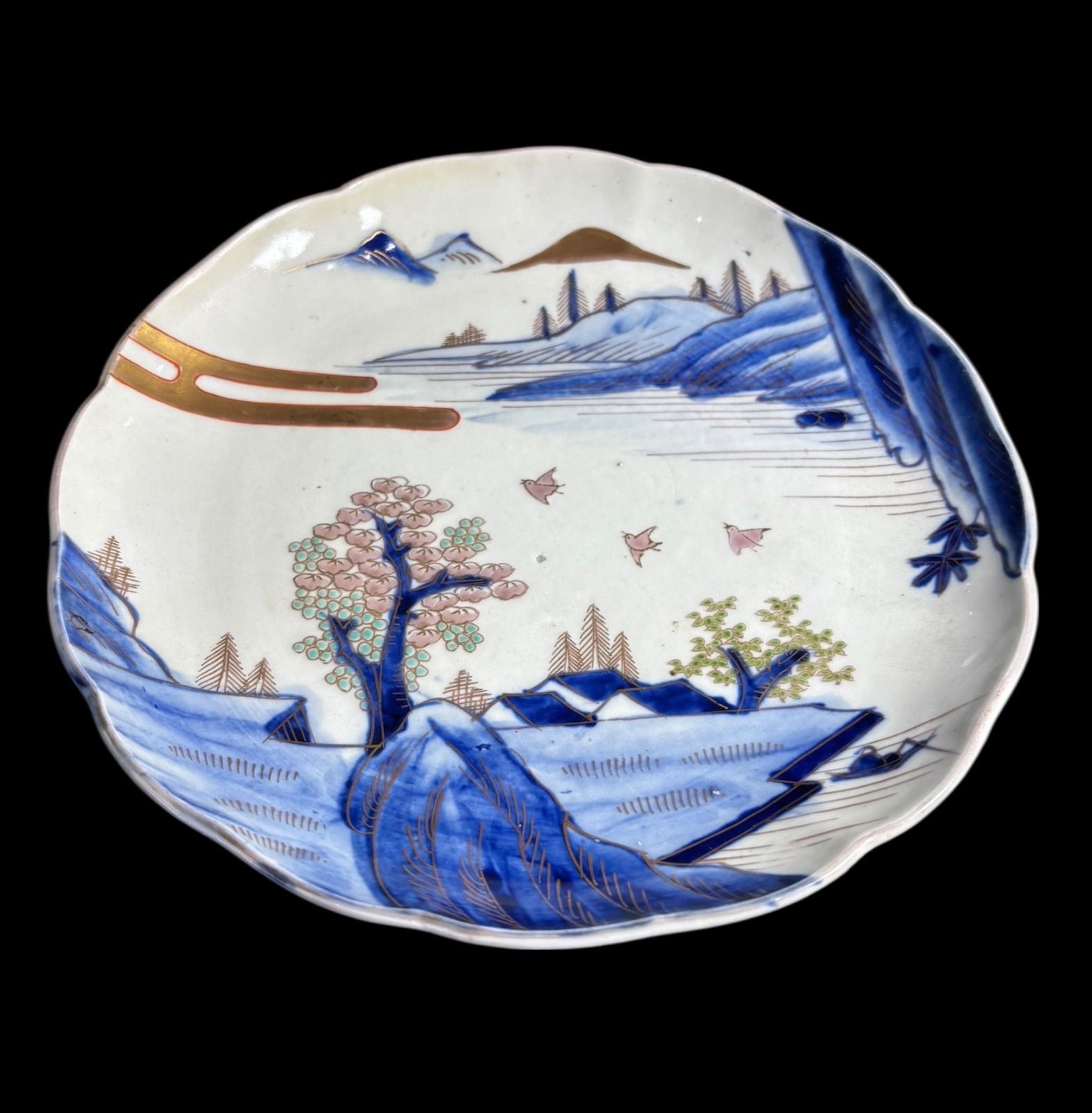 3客セット】 古伊万里 染付 金彩 山水風景図 色絵 丸皿 取り皿 飾り皿