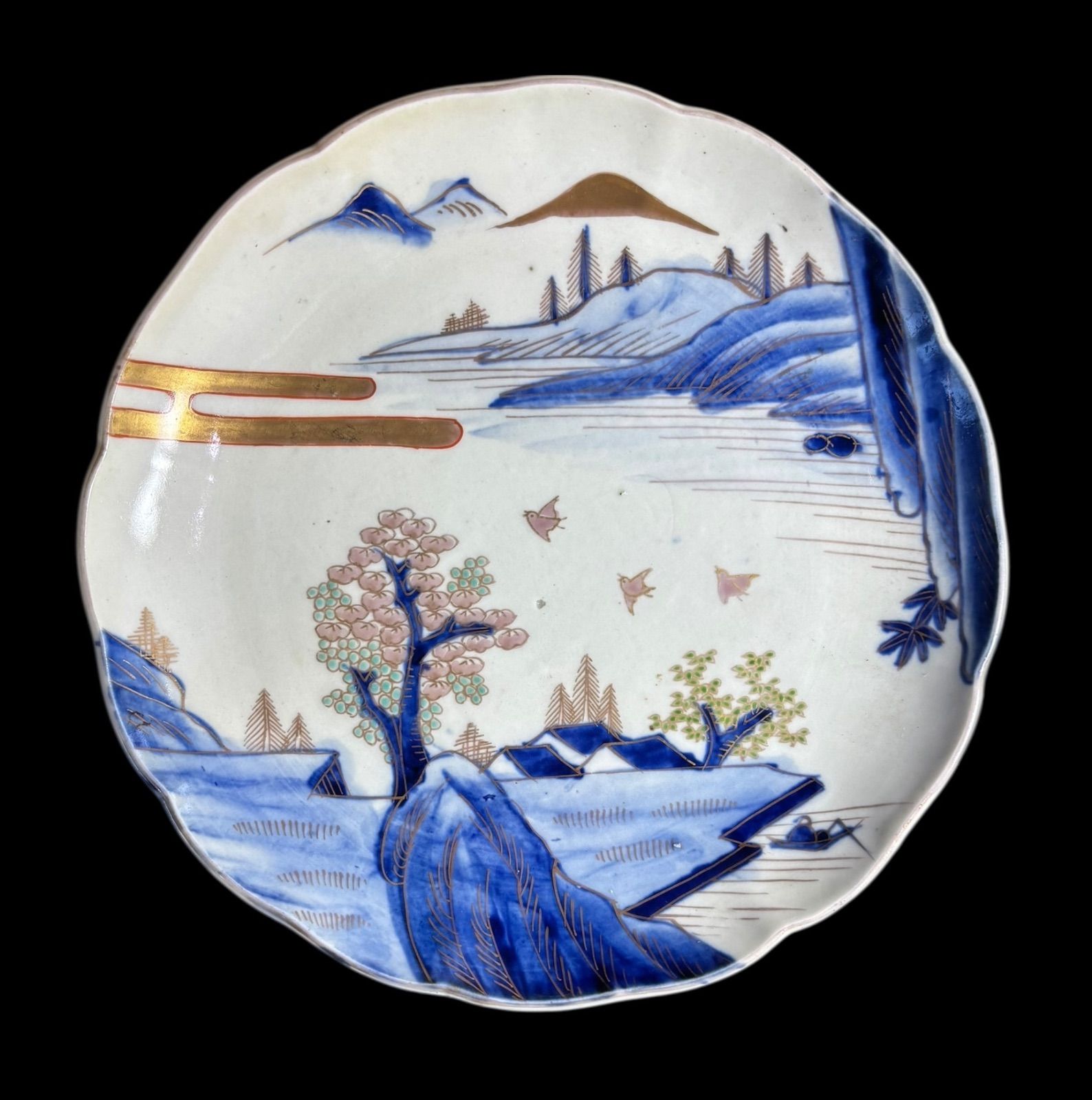 3客セット】 古伊万里 染付 金彩 山水風景図 色絵 丸皿 取り皿 飾り皿