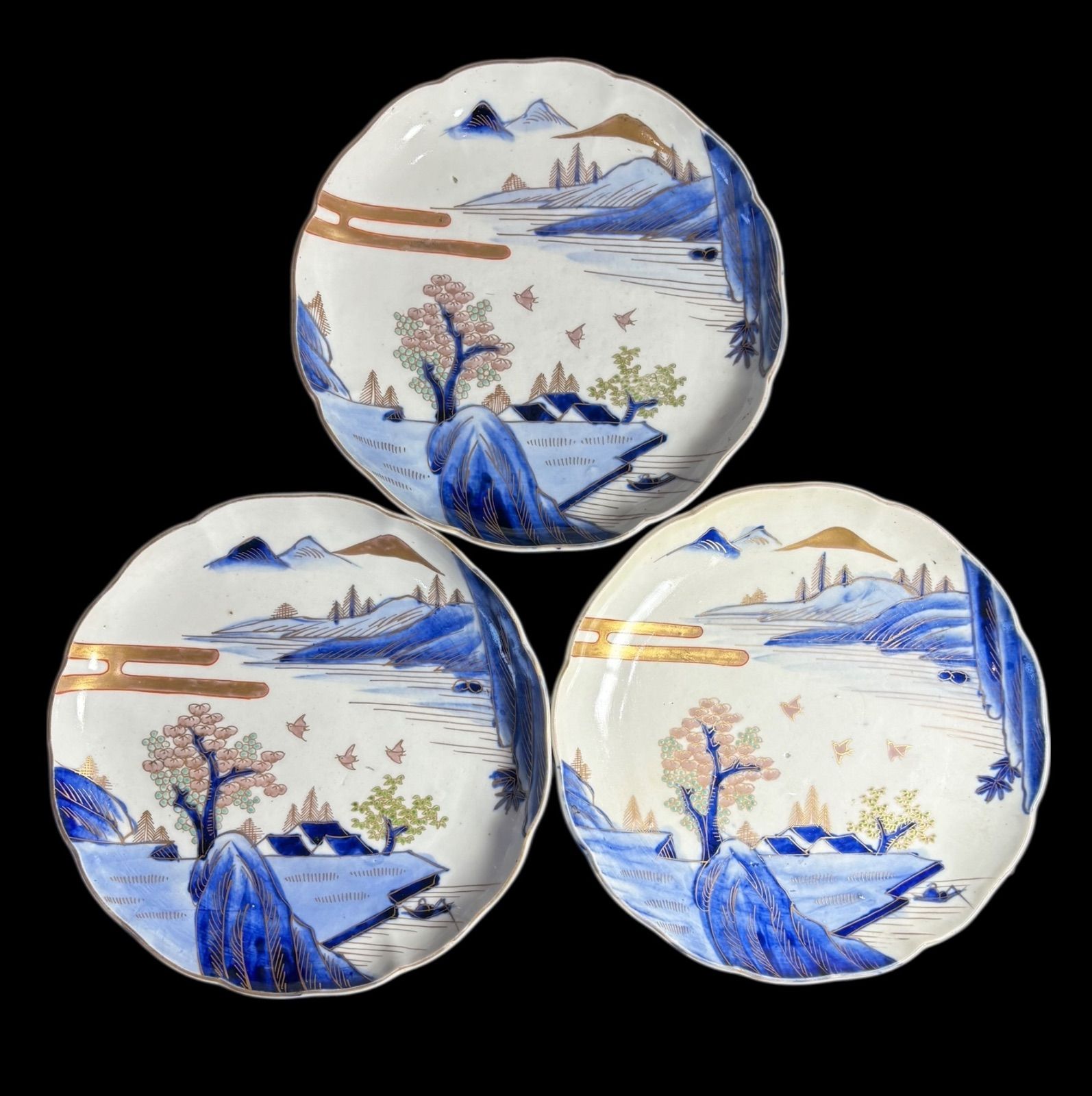 3客セット】 古伊万里 染付 金彩 山水風景図 色絵 丸皿 取り皿 飾り皿