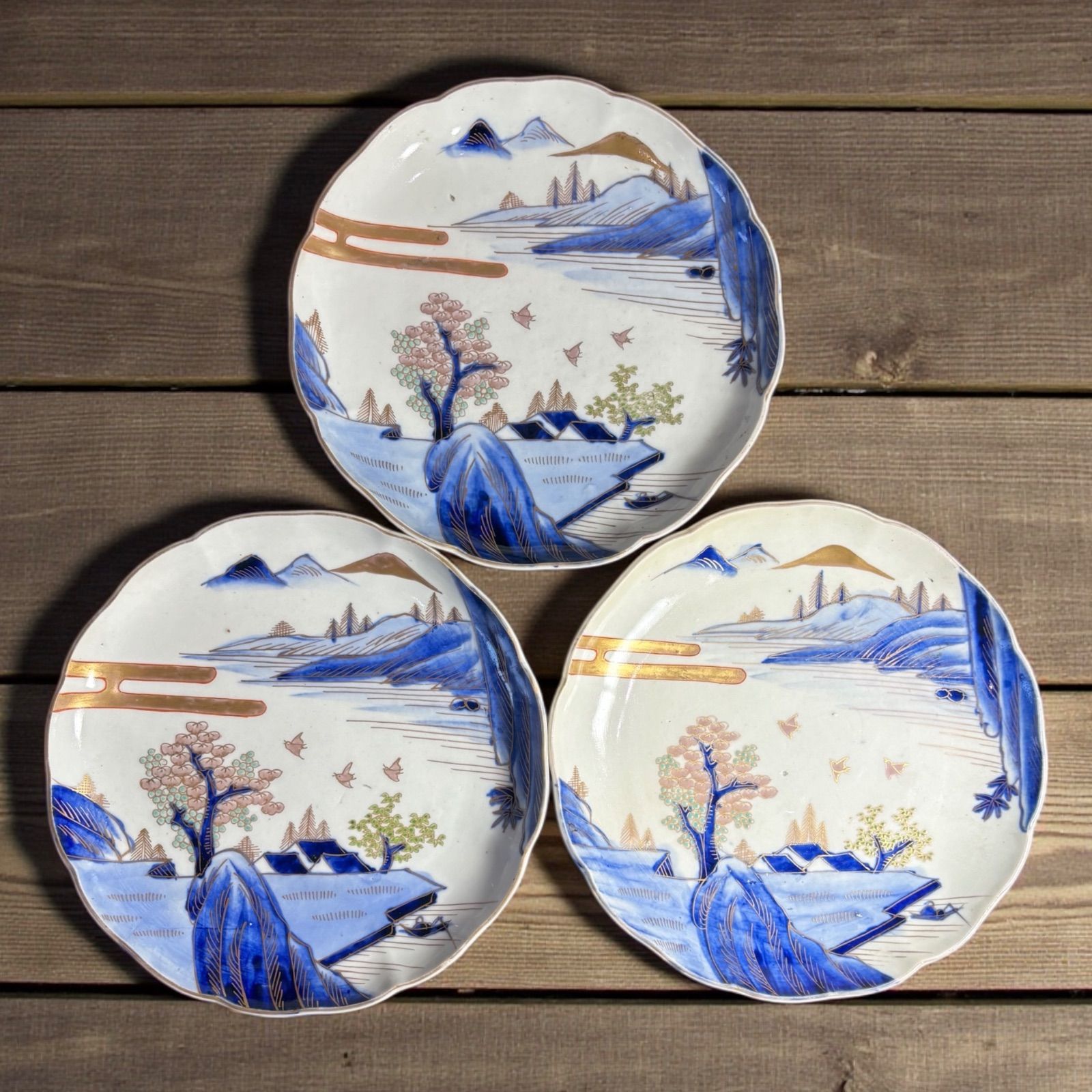 3客セット】 古伊万里 染付 金彩 山水風景図 色絵 丸皿 取り皿 飾り皿