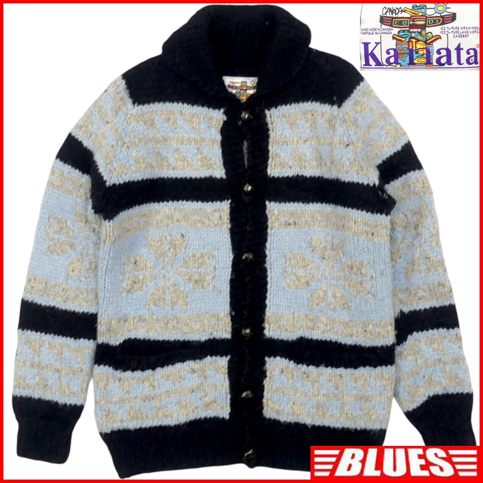 カウチンセーター kanata ニット L カナダ製 カナタ 紺 ネイビー 水色