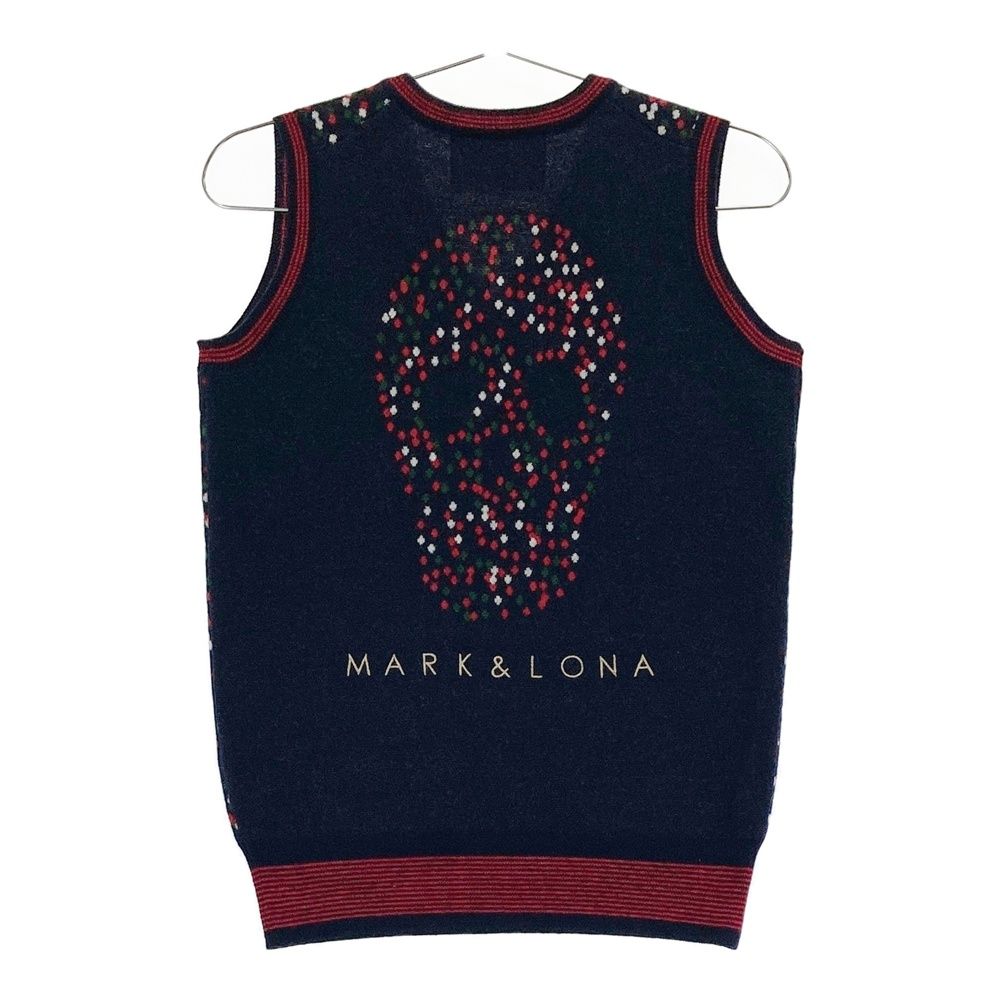サイズ S MARK-LONA マークアンドロナ Vネック ニットベスト 総柄 ネイビー系 ゴルフウェア レディース ストスト