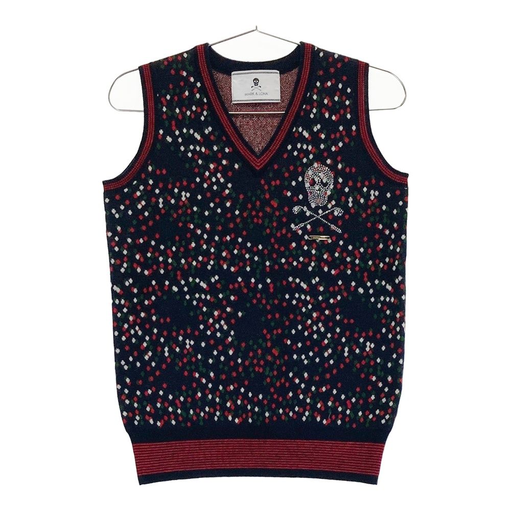 サイズ S MARK-LONA マークアンドロナ Vネック ニットベスト 総柄 ネイビー系 ゴルフウェア レディース ストスト