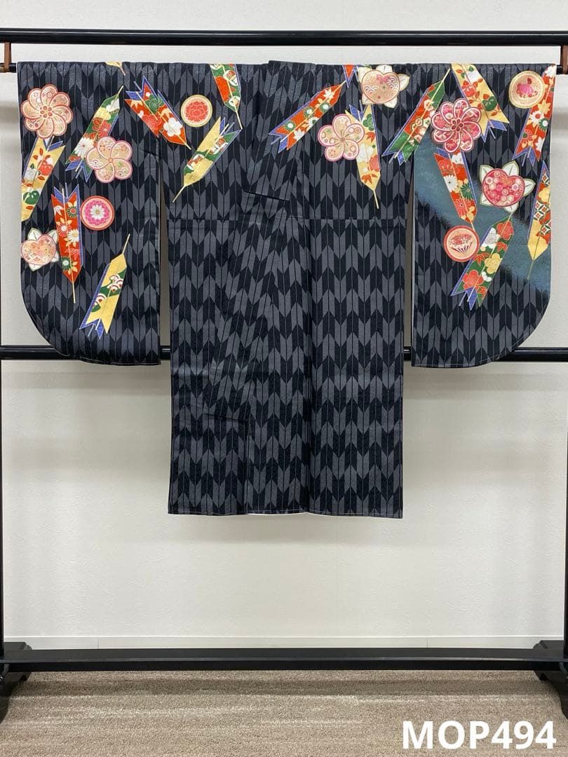 二尺袖 ポリエステル着物 金彩 紋意匠 矢羽柄 袴用 MOP 494