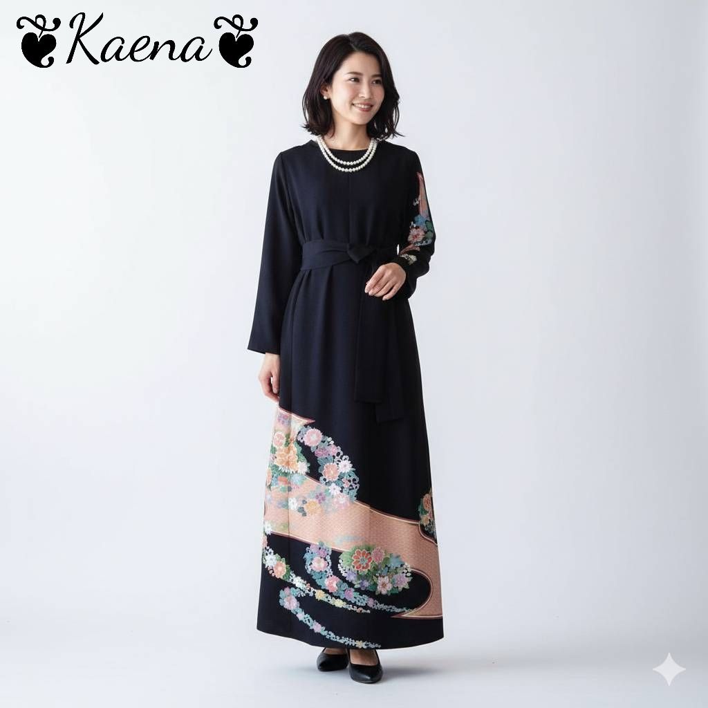 ❦Kaena❦ 着物リメイク ワンピース ロング ドレス Aライン ウエストベルト紐付き 後ろ開きボタン 作家物 落款 道長花文 駒刺繍 金彩 結婚式 卒業式 パーティー ステージ衣装 オケージョン
