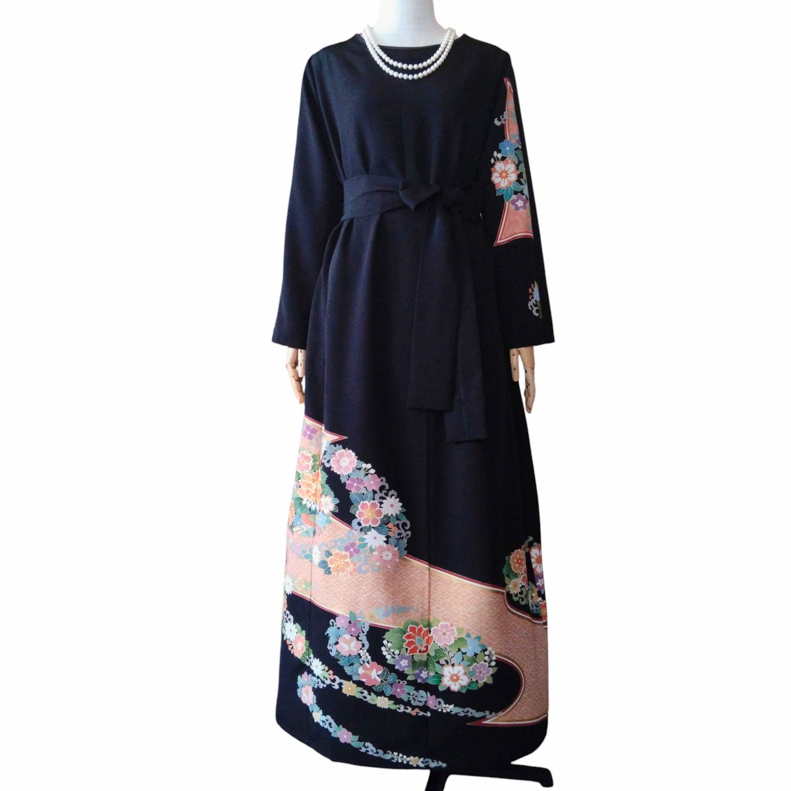 ❦Kaena❦ 着物リメイク ワンピース ロング ドレス Aライン ウエストベルト紐付き 後ろ開きボタン 作家物 落款 道長花文 駒刺繍 金彩 結婚式 卒業式 パーティー ステージ衣装 オケージョン