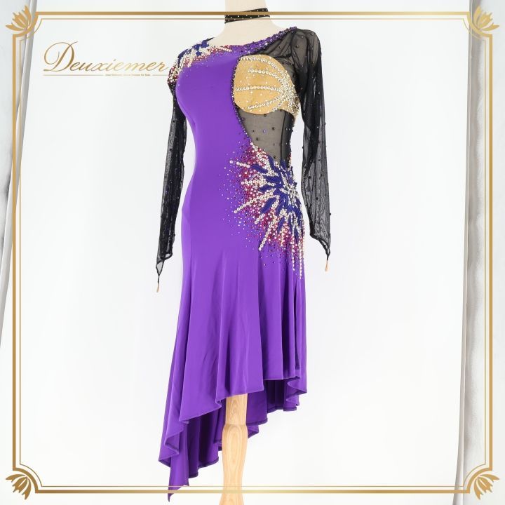 社交ダンス 衣装 ラテン ドレス ワンピース ラテンドレス 紫 ゴールド 長袖 パープル系 デモ 競技 フェスティバル 豪華 おしゃれ ショート丈 競技用 ダンスパフォーマンス 発表会 パーティ 