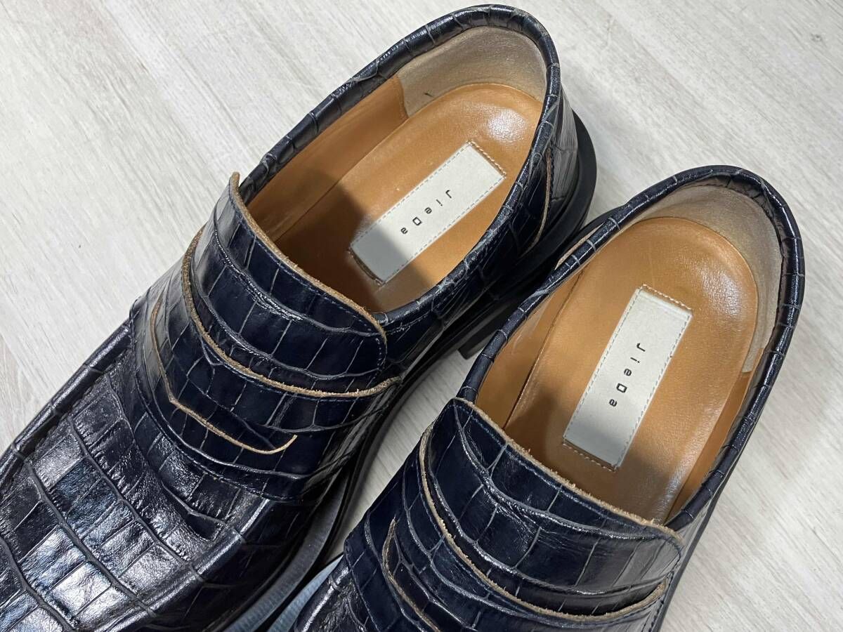 JieDa 本革 レザー ローファー 厚底 クロコ 型押し ネイビー ドレス