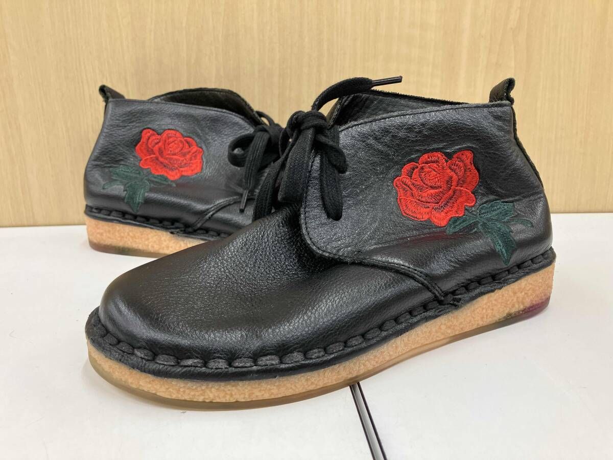 MOTHER‘S TOUCH マザーズタッチ 9240-235 ブラック レザー 花柄 刺繍 23.5 cm