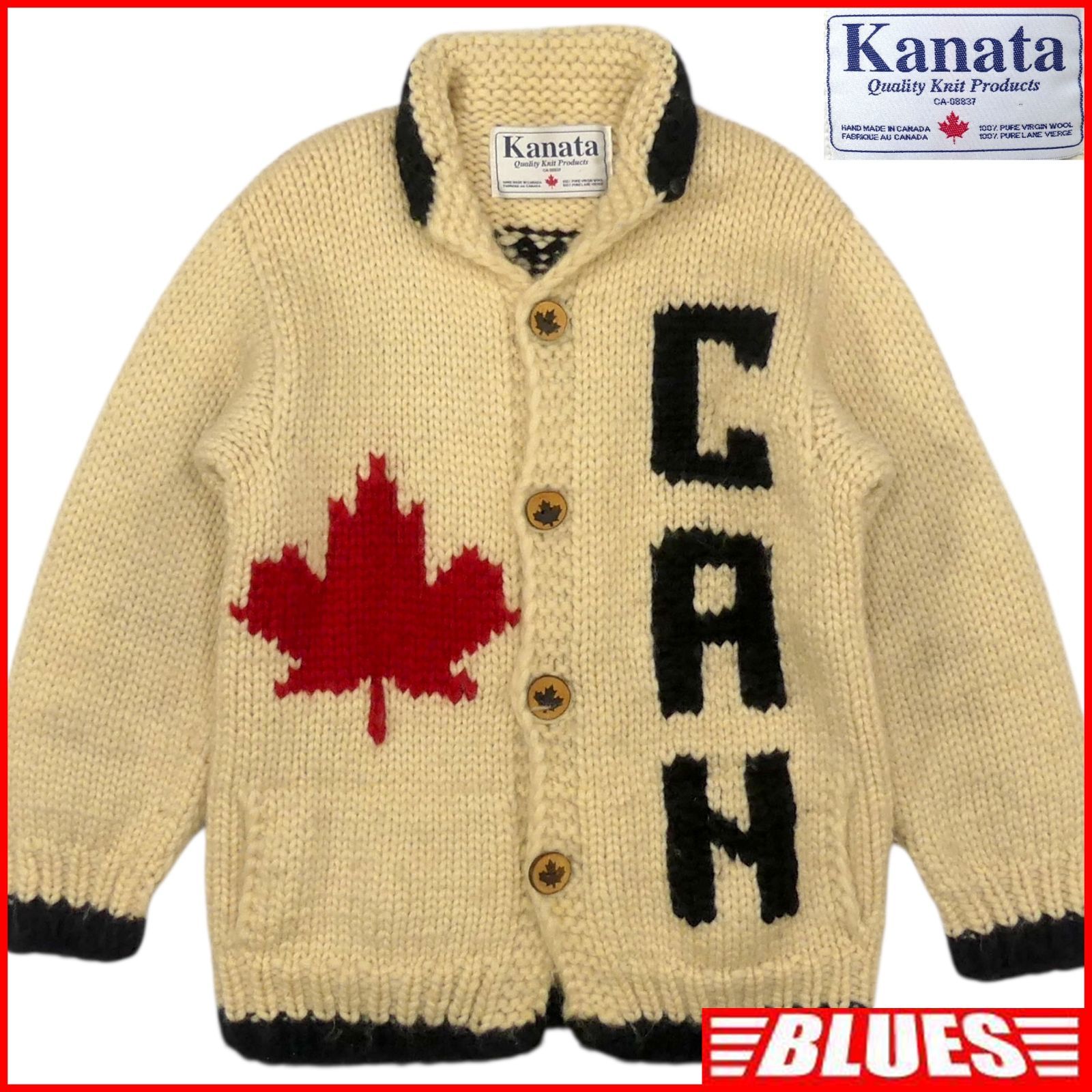 カウチンセーター kanata ニット M カナダ製 カナタ メープル柄 ベージュ 生成り メープルボタン ハンドニット ウール カウチンセーターサイズM一覧←SEULB屋着古← HN2322