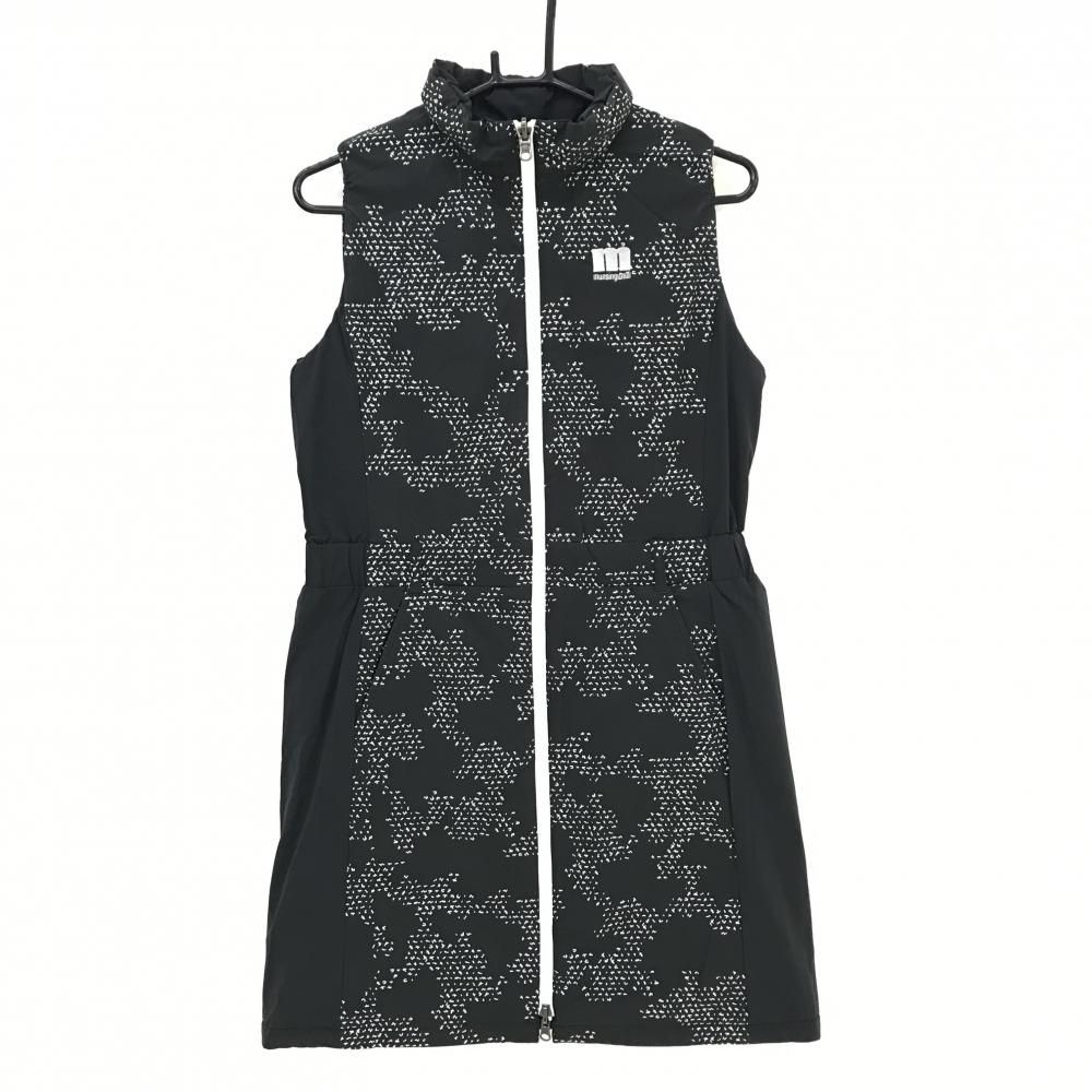 超 マンシングウェア リバーシブル中綿ワンピース 黒 白 総柄 ノースリーブ レディース M ゴルフウェア Munsingwear