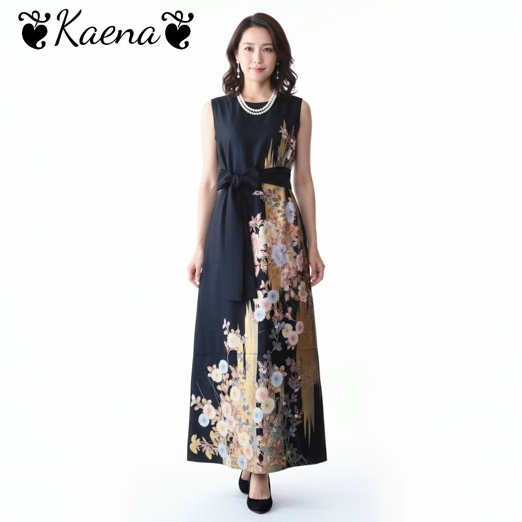 ❦Kaena❦ 着物リメイク ワンピース ロング ドレス 黒留袖 ウエストベルト紐付き 後ろ開きボタン 金箔 金彩 牡丹 桔梗 撫子 結婚式 卒業式 パーティー ステージ衣装 オケージョン