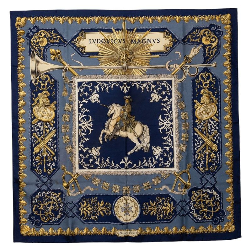 エルメス カレ90 LVDOVICVS MAGNVS 白い馬に跨ったルイ14世 ネイビー