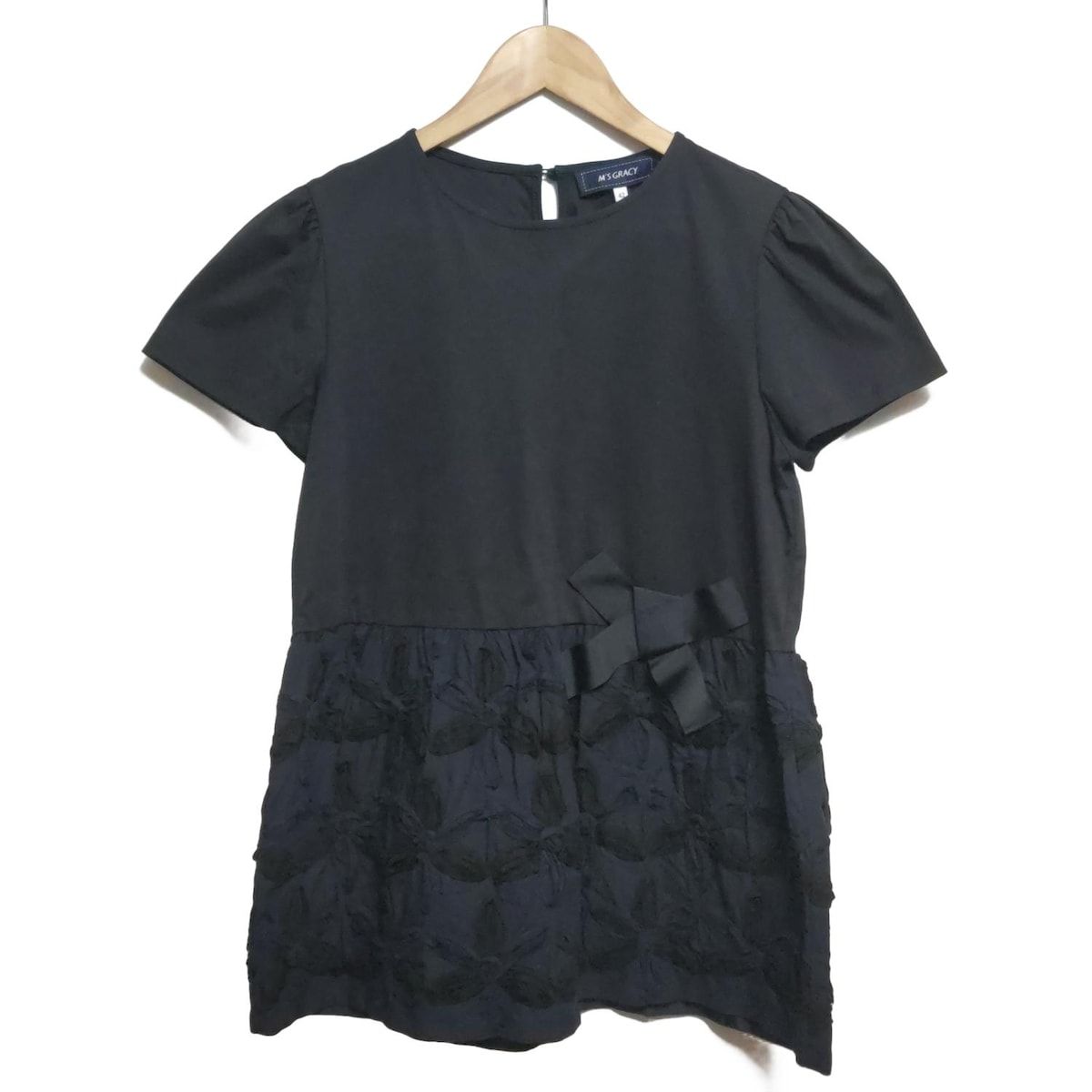 M S GRACY エムズグレイシー チュニック サイズ42 L レディース ダークネイビー ネイビー 黒 クルーネック 半袖 フラワー 花 リボン