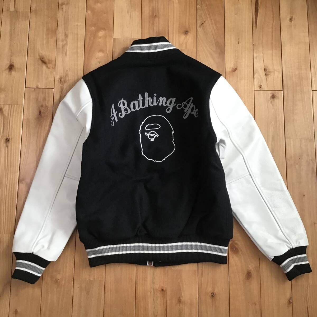 BAPE LOGO 袖レザー スタジャン Sサイズ ブラック a bathing ape star