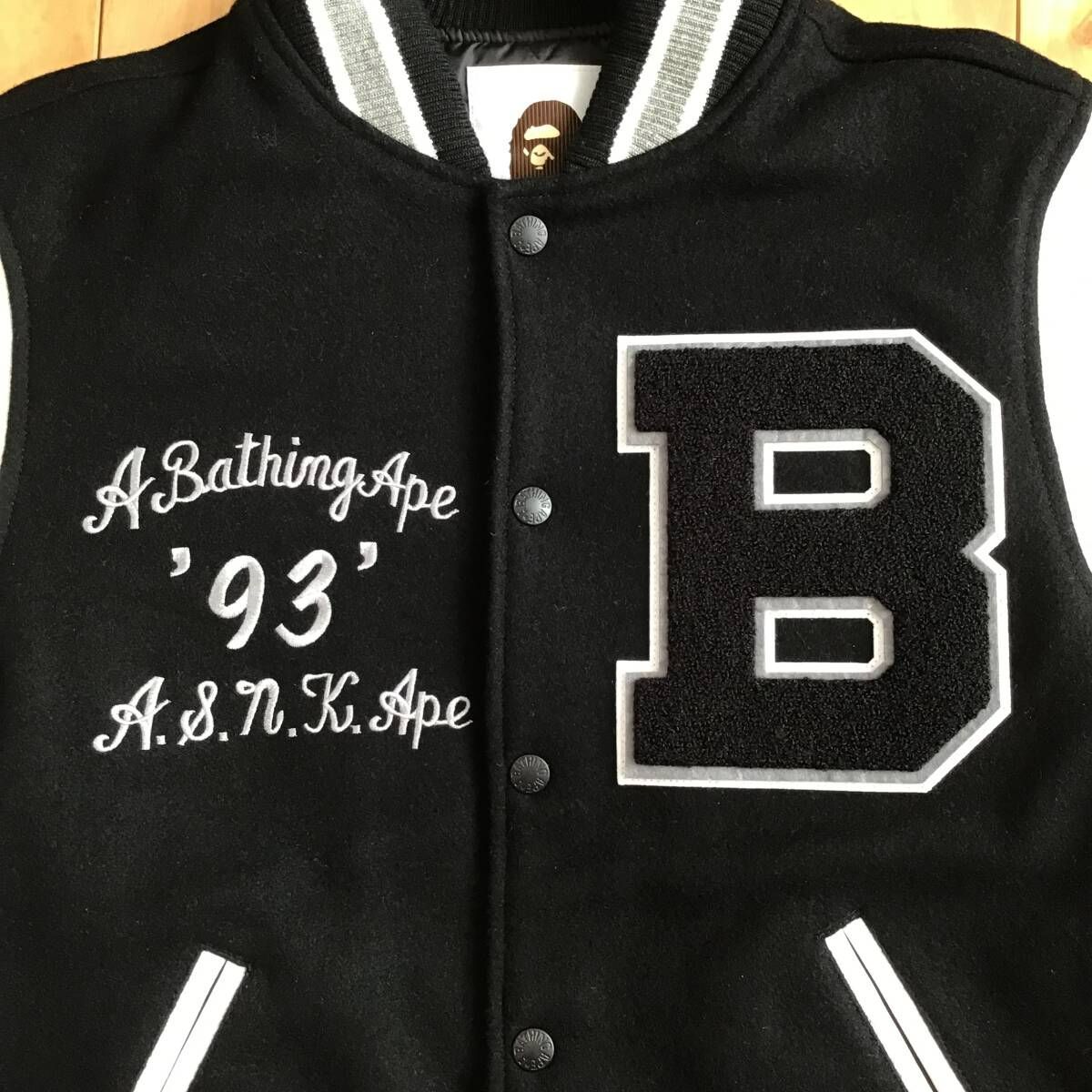 BAPE LOGO 袖レザー スタジャン Sサイズ ブラック a bathing ape star