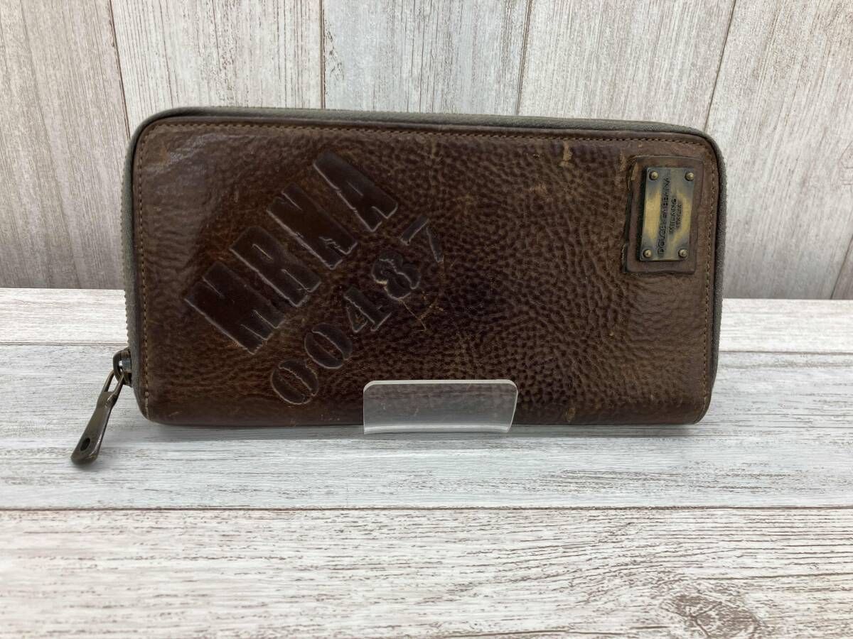 DOLCE ＆ GABBANA 長財布 ゴールドスクエアロゴプレート ブラウン グレインカーフレザー