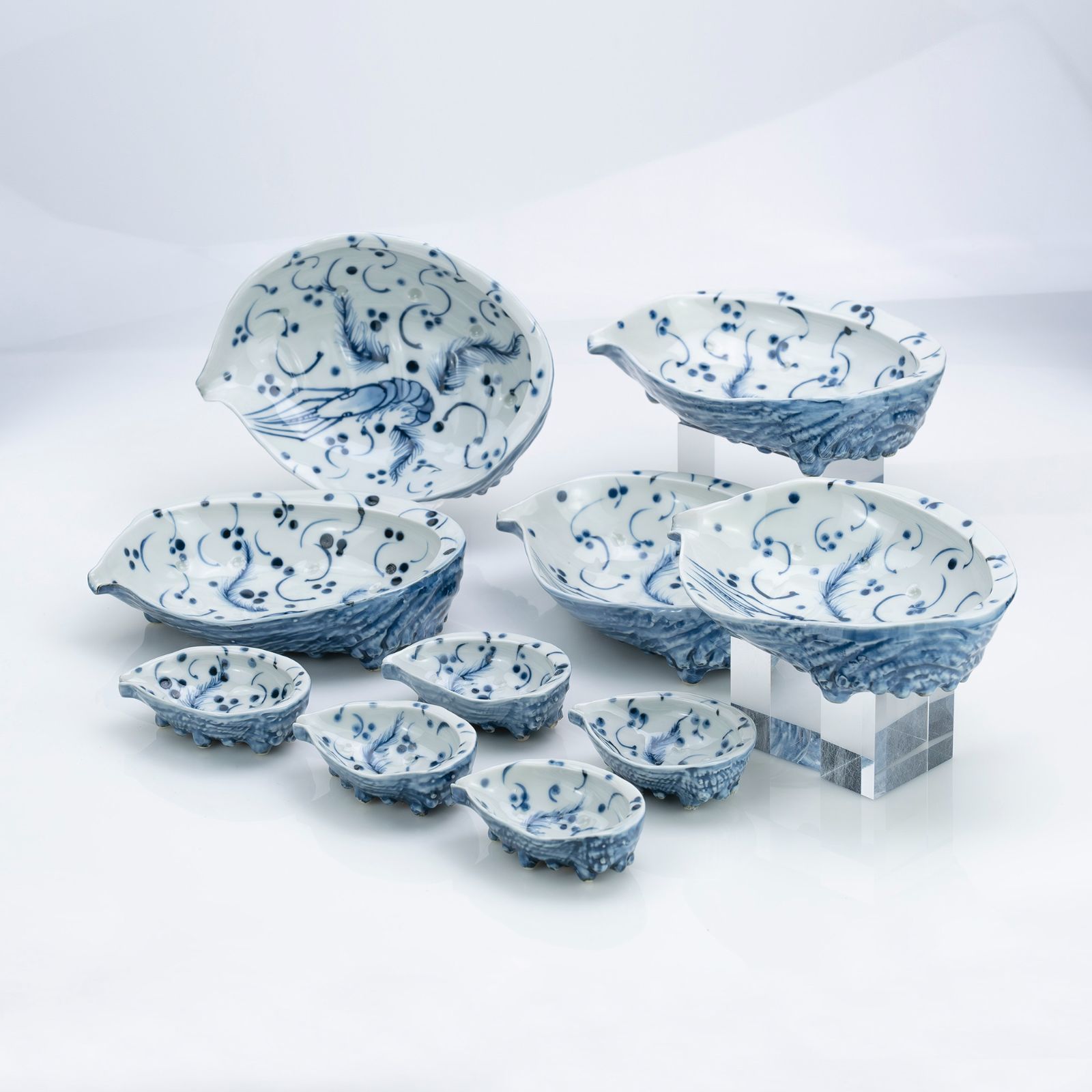 平安 加藤利昌 作 京焼 染付 荒磯文 刺身鉢＆醤油皿 5組セット 共 器貝式 和食器 伝統工芸 清水焼