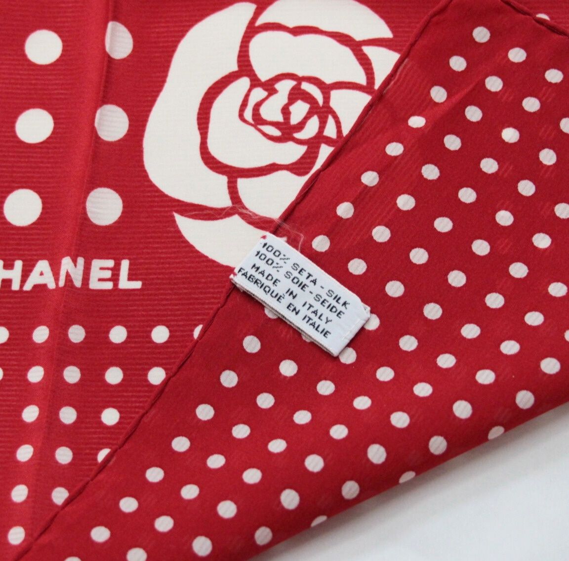 シャネル CHANEL ヴィンテージ 大判スカーフ ドット カメリア シルク