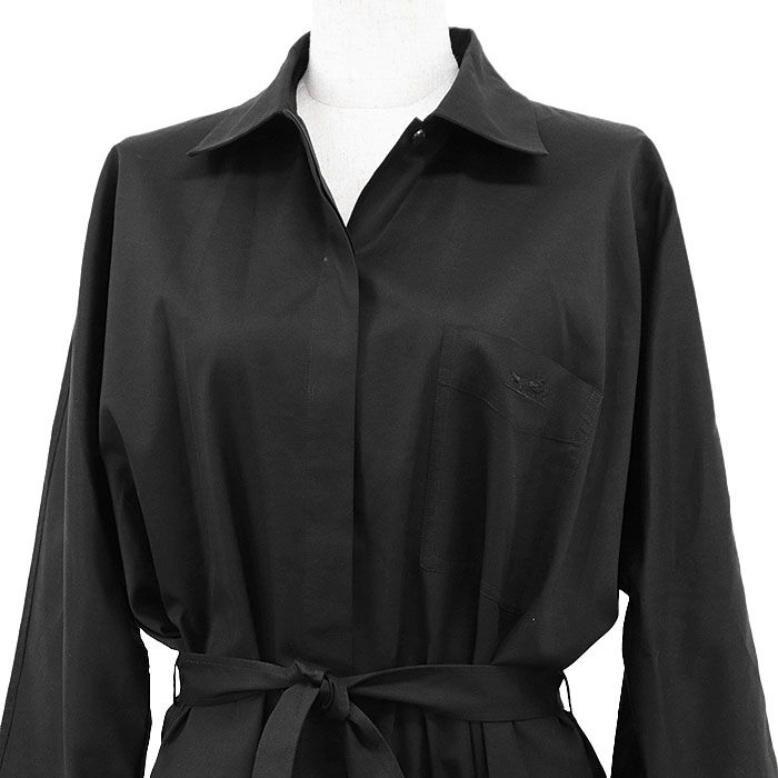 HERMES エルメス シャツワンピース 2025 A W ロゴ エンブロイダリー刺繍 コットン ブロード ハーフスリーブ 半袖 ドレス ベルト付属 レディース サイズ 36 ブラック 黒 フランス製