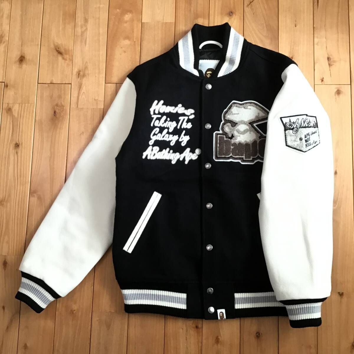 ☆美品☆ BAPE LOGO 袖レザー スタジャン Sサイズ a bathing ape star