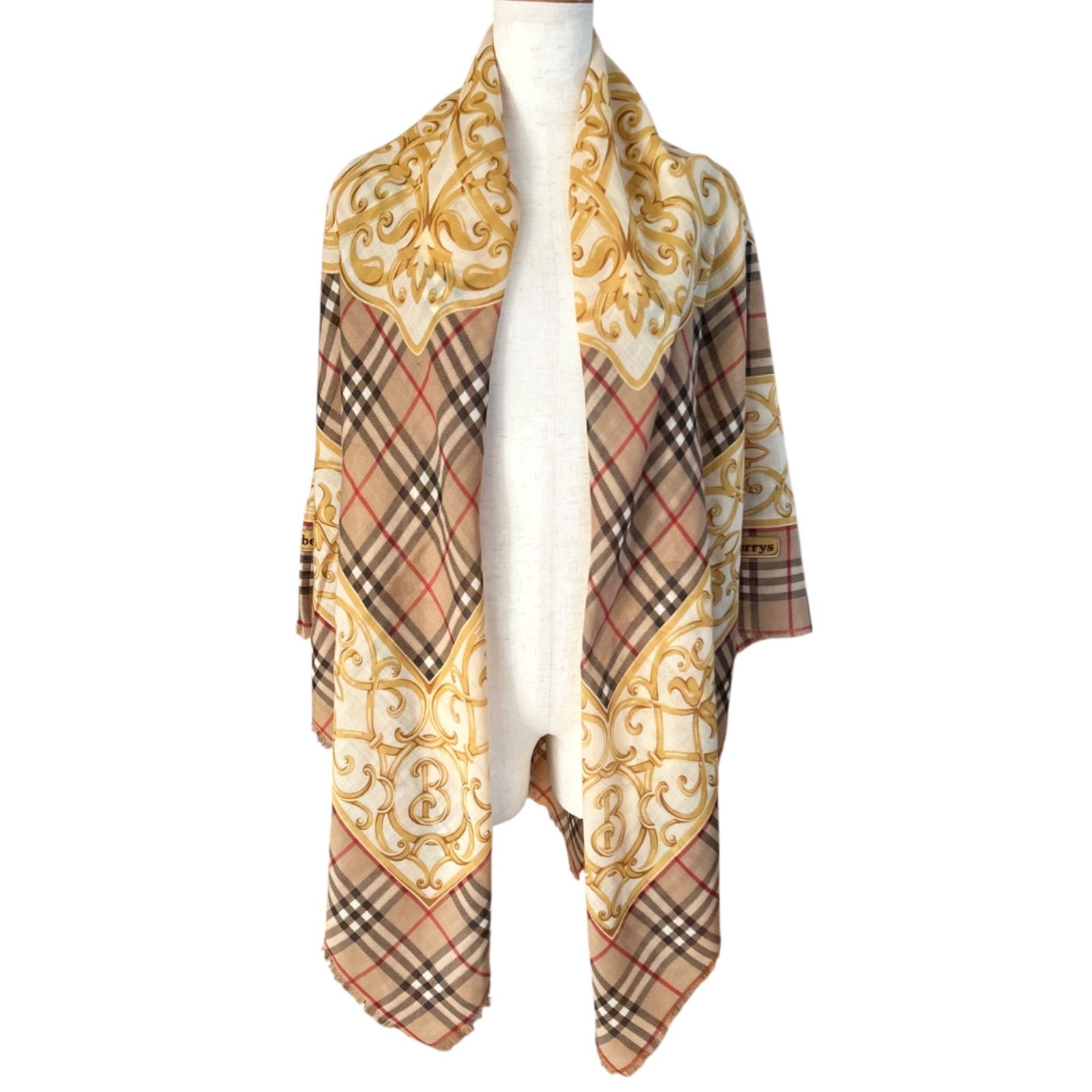 BURBERRY バーバリーズ シルクウール 大判ストール ノバチェック ベージュ系 正方形 イタリア製