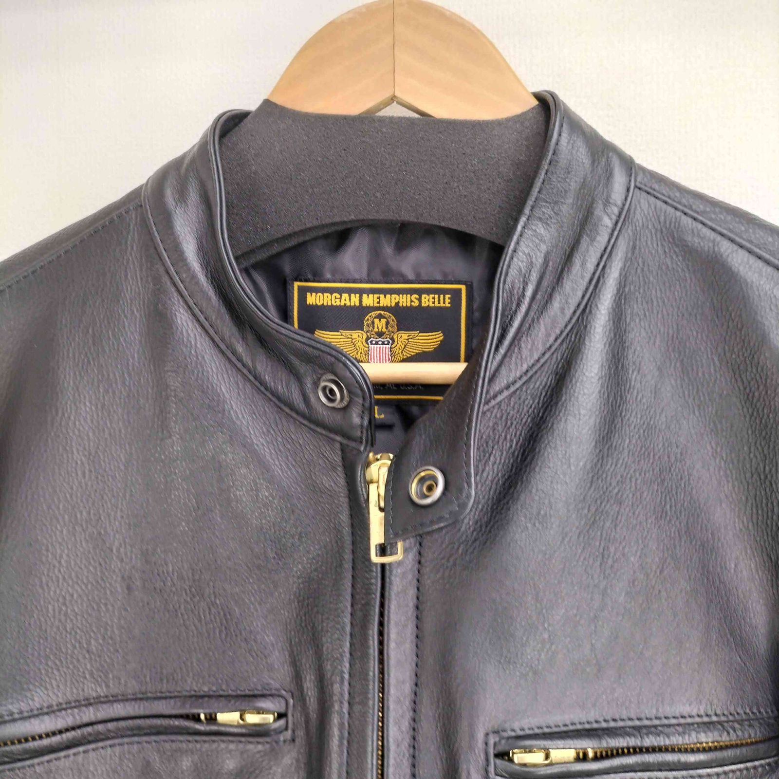 USED古着(ユーズドフルギ) {{MORGAN MEMPHIS BELLE}} GENUINE LEATHER 本革 シングル レザー ライダース ジャケット メンズ import：L 【中古】【ブランド古着バズストア】 ユーズドフルギ USED古着 MORGAN MEMPHIS BELLE 本革 シングル