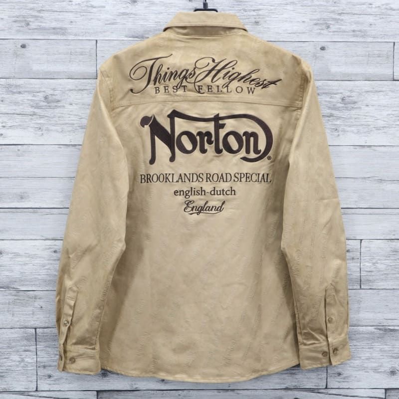 メンズ Norton ノートン 服 長袖 シャツ ポリスウェード フェイクスウェード モノグラム 総柄 刺繍 プリント 撥水 はっ水 大きいサイズ アパレル ブランド レディース ベージュ 黒ブラック M L XL 3 4