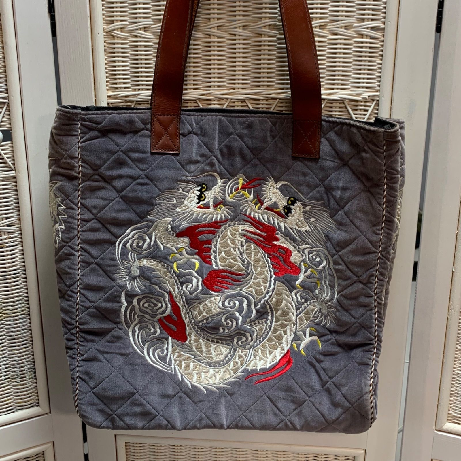 龍 ドラゴン 刺繍 レザー トートバッグ ヴィンテージ
