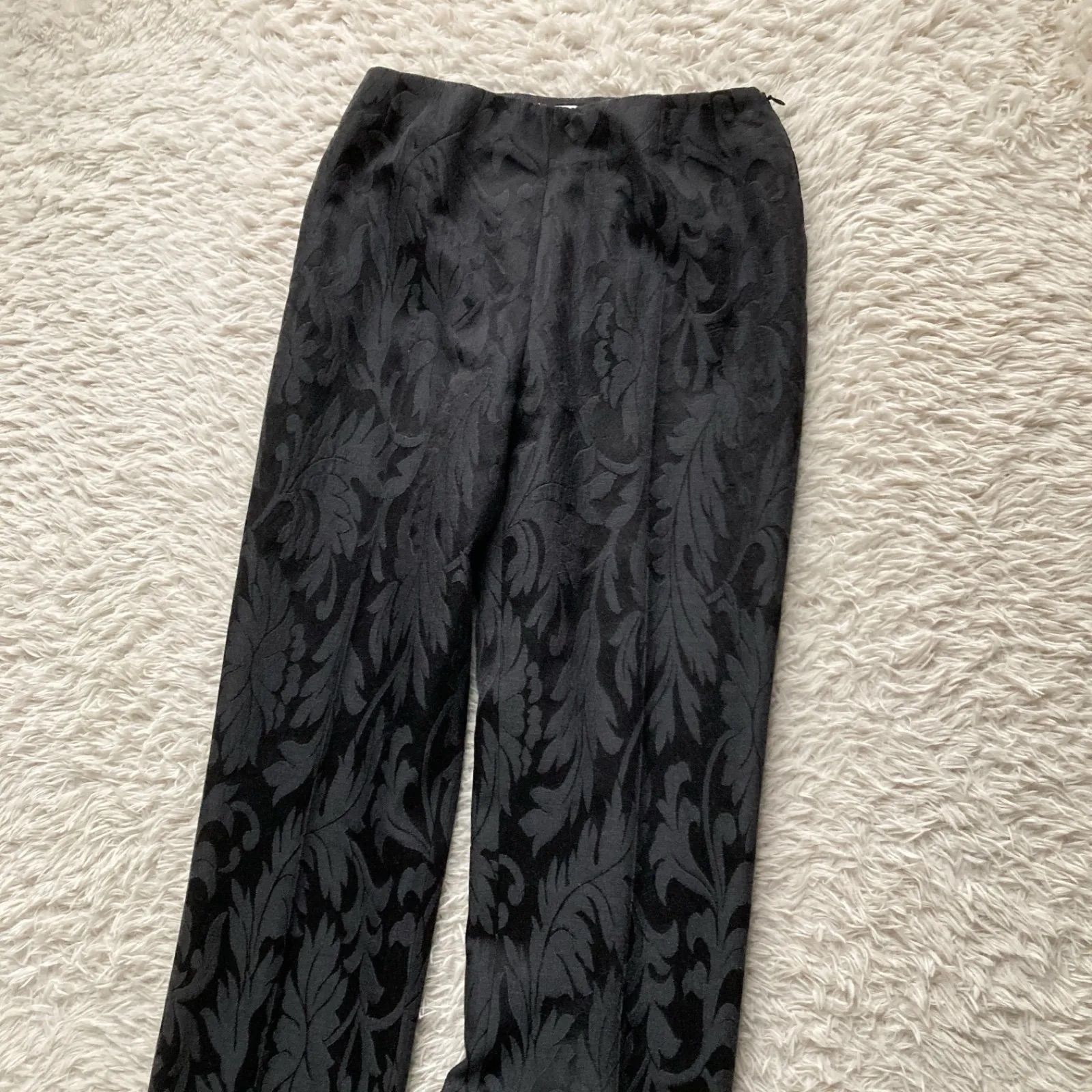 最 白タグ MaxMara マックスマーラ 黒 ブラック グレー イタリア製 ウールシルク ジャガード織り 総柄 ボタニカル ストレートパンツ ロングパンツ センタープレス M パーティー フォーマル 通勤着 オフィス 普段使い
