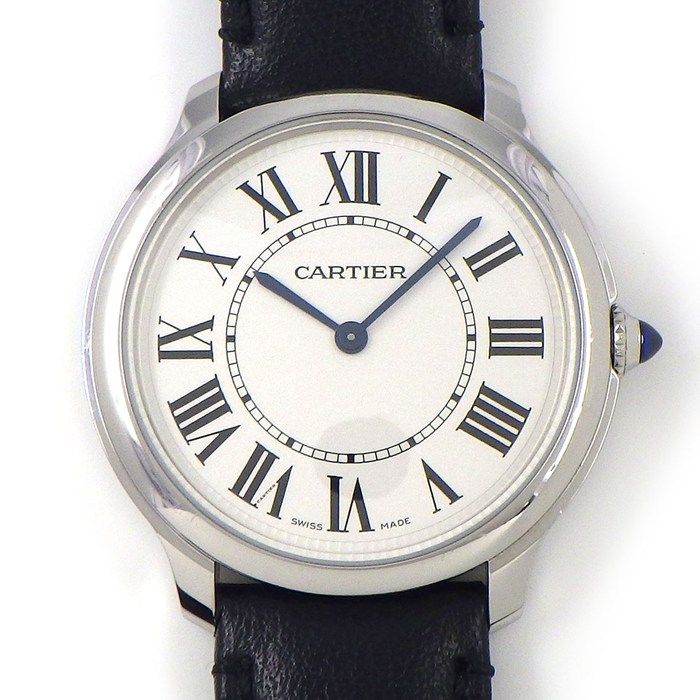カルティエ Cartier 腕時計 ロンドマスト ホワイト文字盤 ローマンインデックス SS ブラック 革ベルト クオーツアナログ