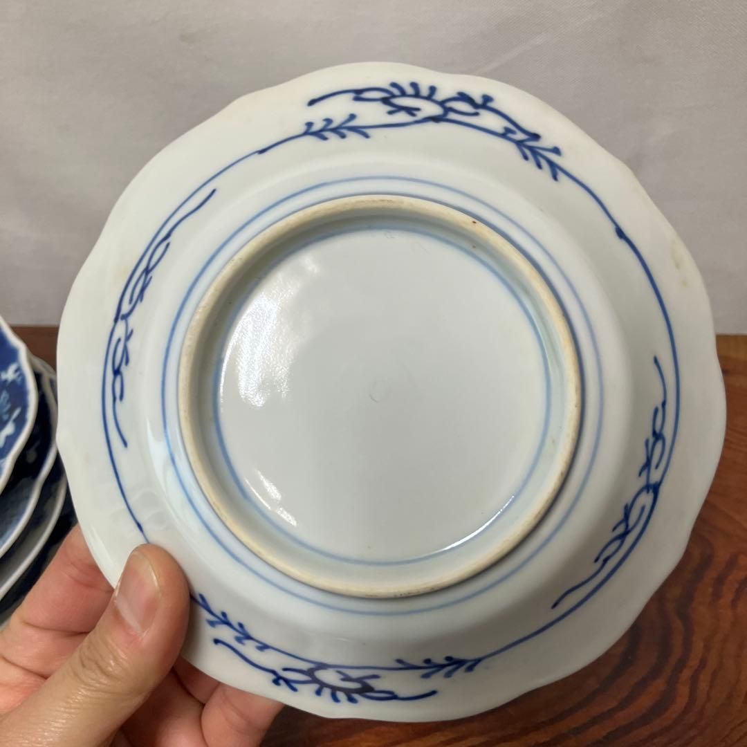 伊万里焼 染付山水と袋柄 5枚 直径15cm 骨董 和食器 ｜雑貨屋えこ