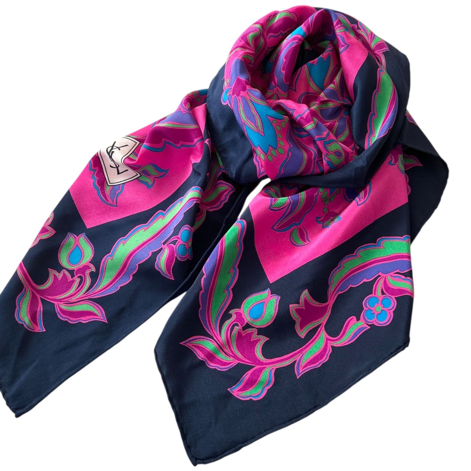 Yves Saint Laurent イヴサンローラン 大判スカーフ 総柄 シルク 84