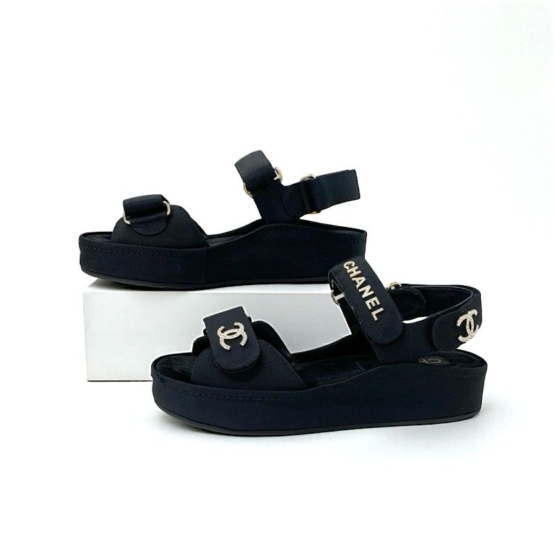 シャネル CHANEL サンダル 靴 シューズ ファブリック ベロア ブラック ゴールド ラインストーン ココマーク ロゴ ベルクロ シャネル CHANEL サンダル 靴 シューズ ファブリック ベロア ブラック