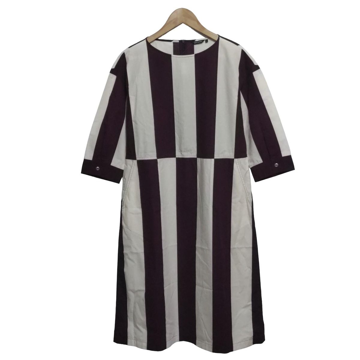 marimekko マリメッコ ワンピース サイズ36 S レディース - パープル×白 クルーネック|七分袖|ロング|ストライプ