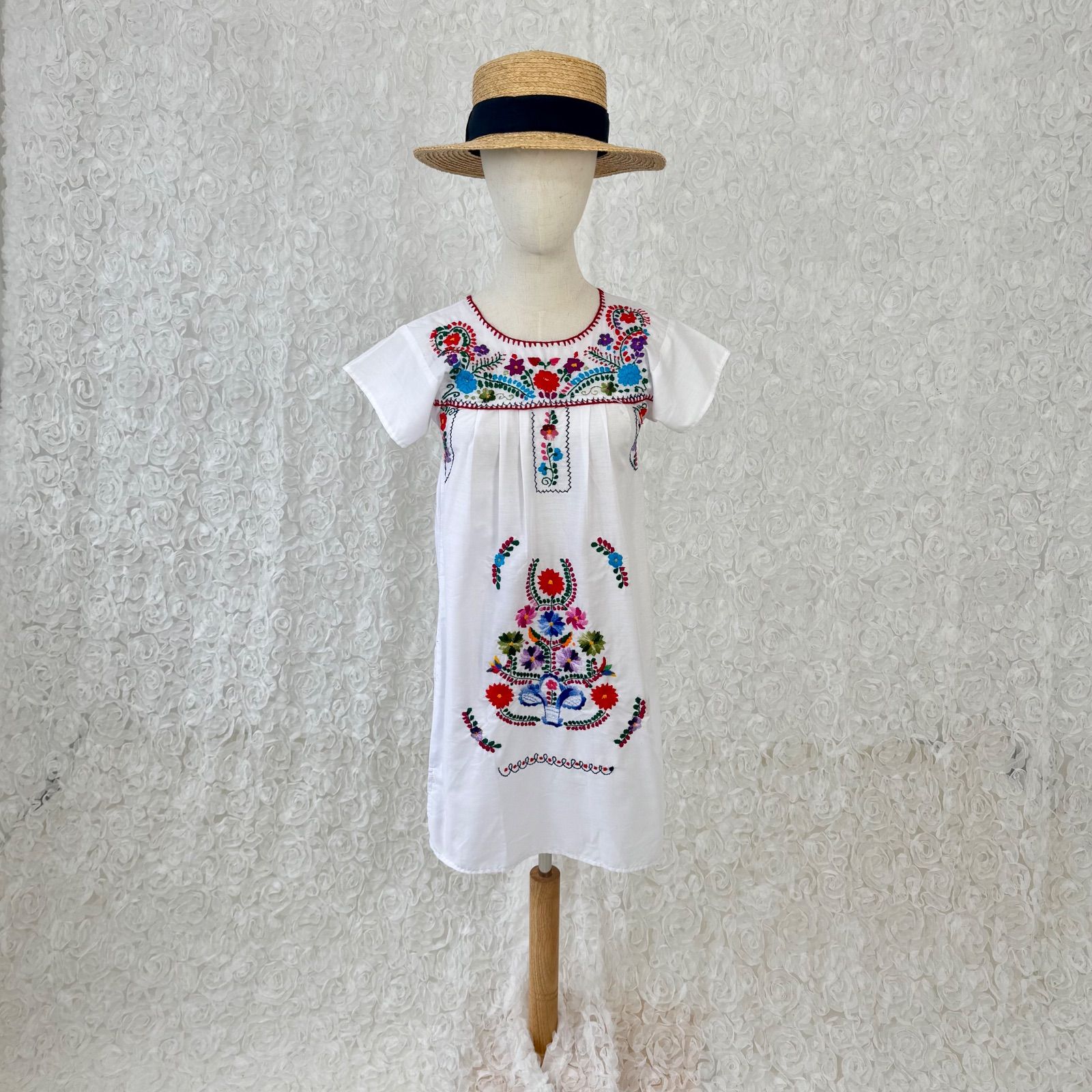 メキシカン刺繍 ワンピース 民族衣装 白 花柄 コットン フォークロア