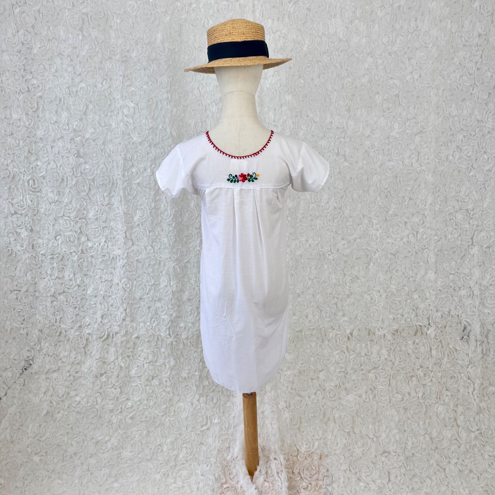 メキシカン刺繍 ワンピース 民族衣装 白 花柄 コットン フォークロア