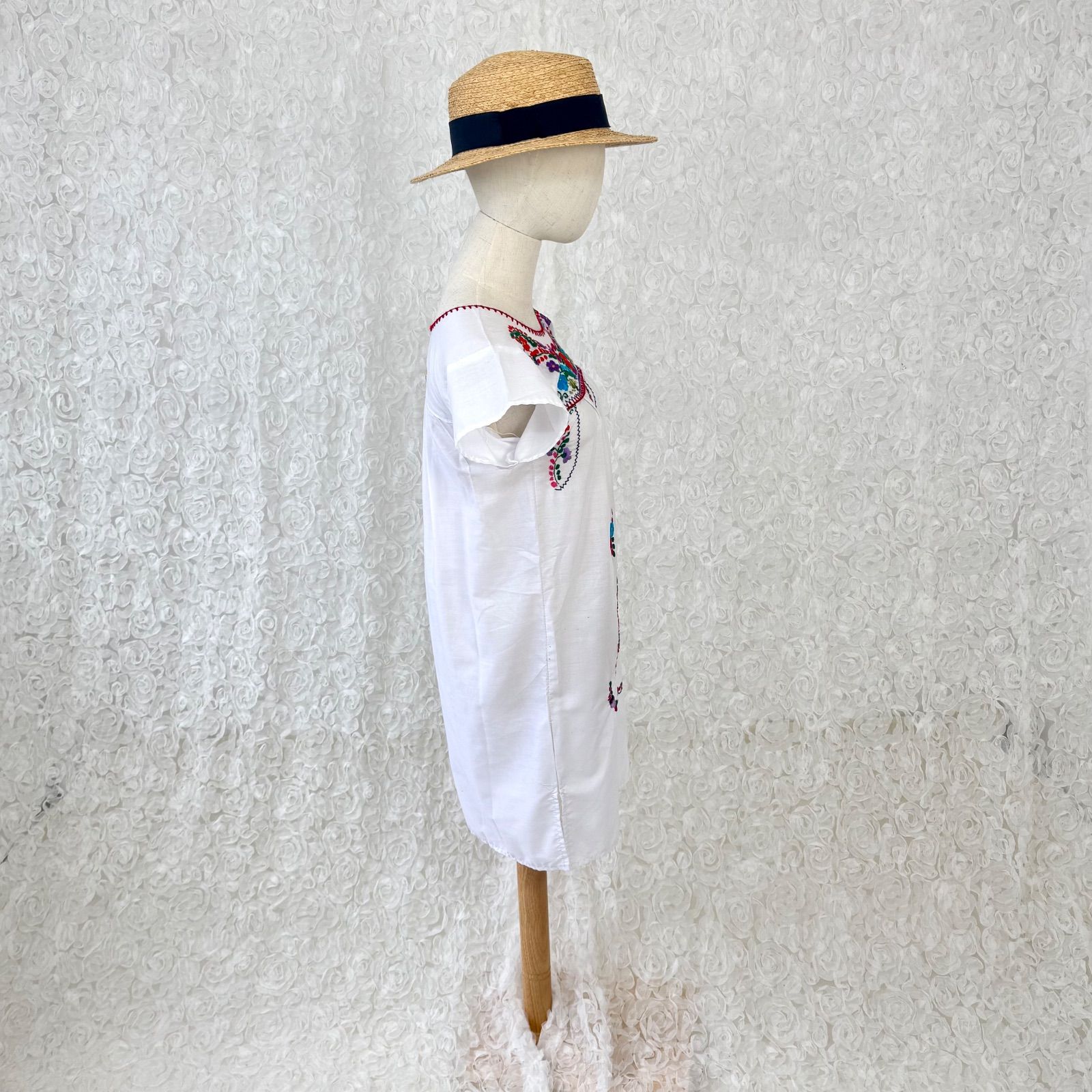 メキシカン刺繍 ワンピース 民族衣装 白 花柄 コットン フォークロア