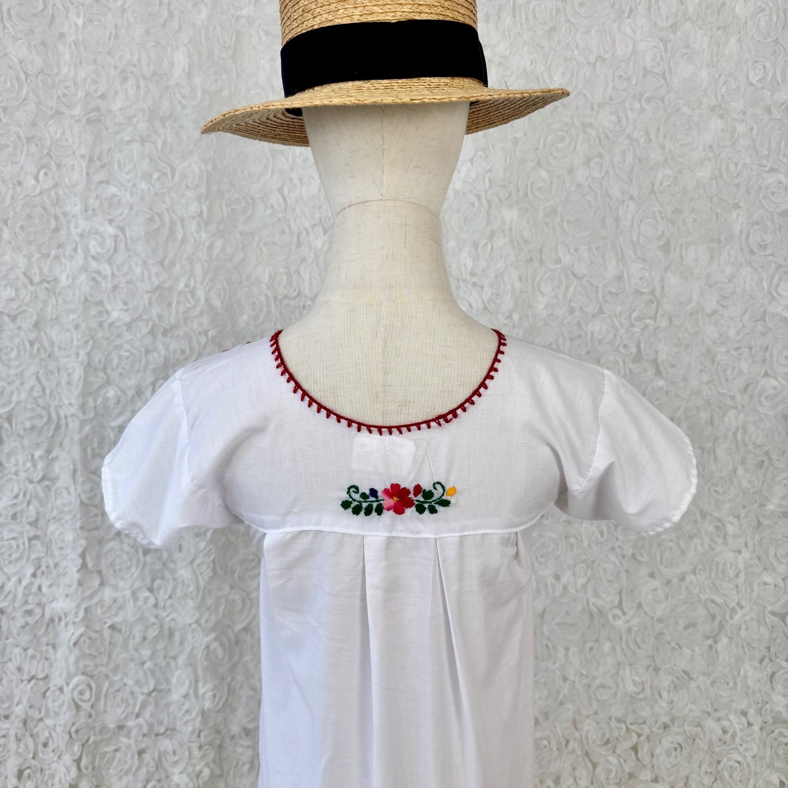 メキシカン刺繍 ワンピース 民族衣装 白 花柄 コットン フォークロア