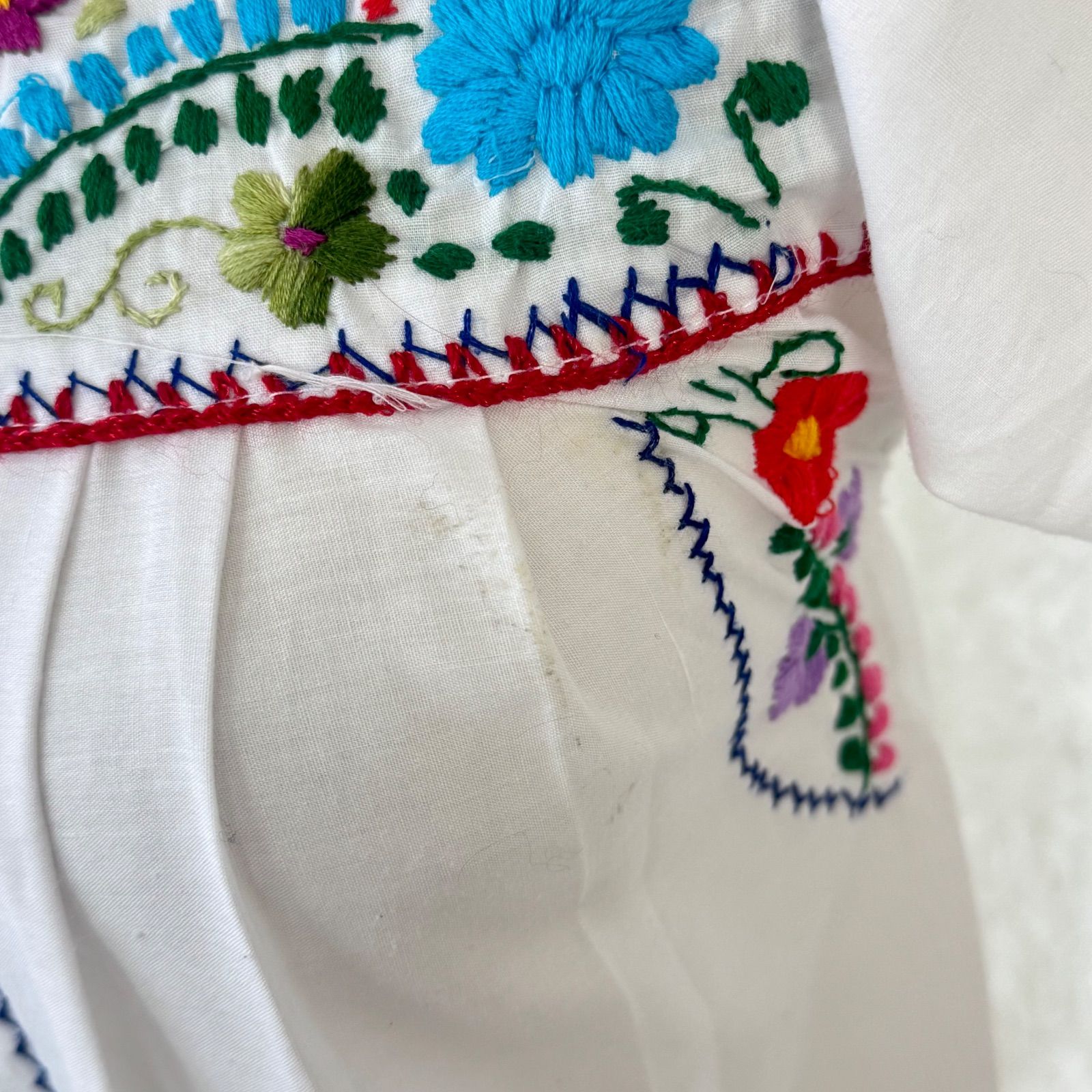メキシカン刺繍 ワンピース 民族衣装 白 花柄 コットン フォークロア