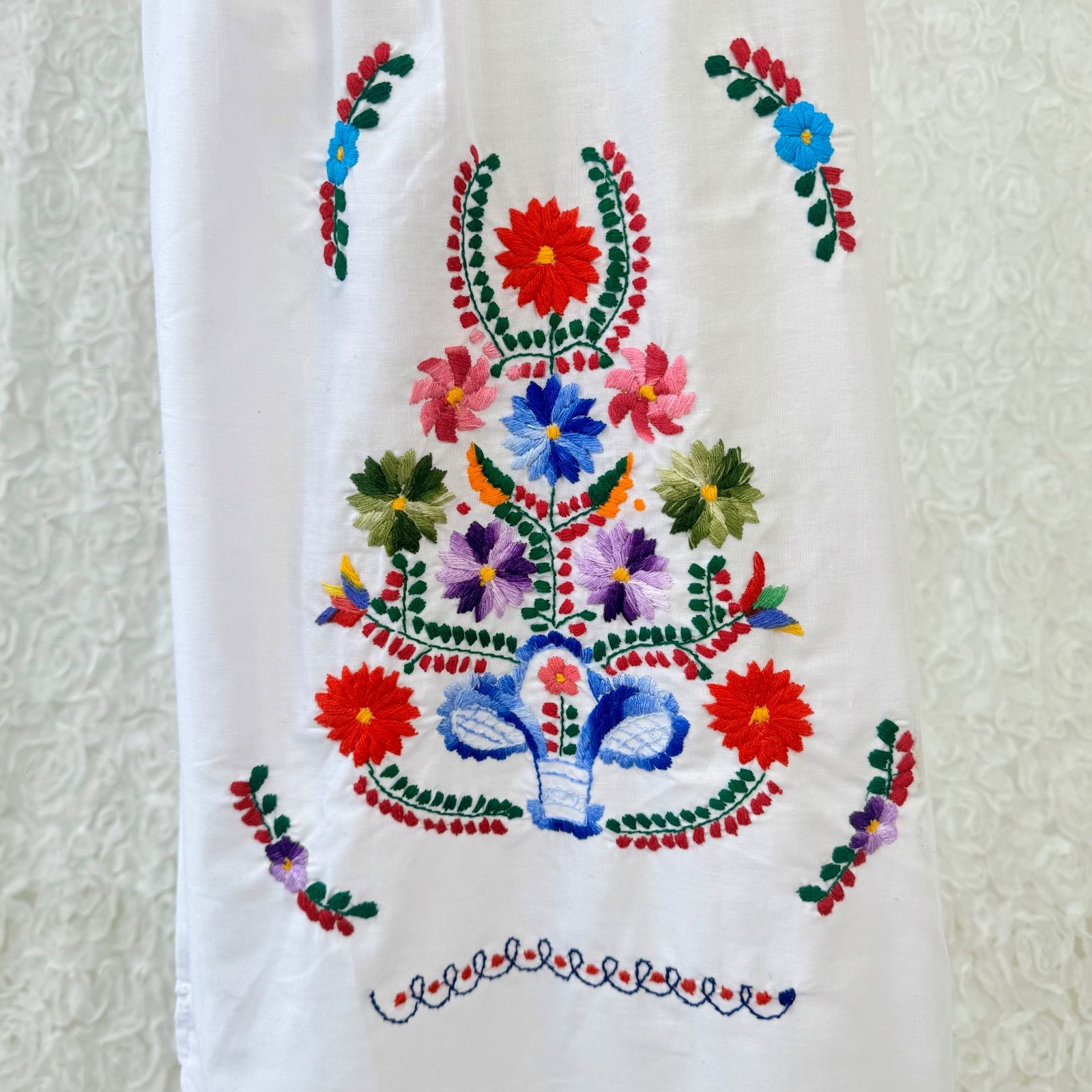 メキシカン刺繍 ワンピース 民族衣装 白 花柄 コットン フォークロア